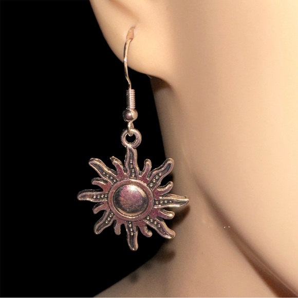Sun Wire Hook Earrings in Silvertone - Picture 2 of 4